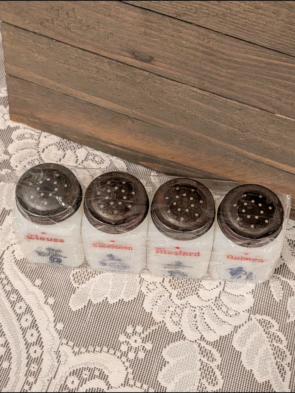 Vintage White Glass Spice Jar Set with Dutch Pattern